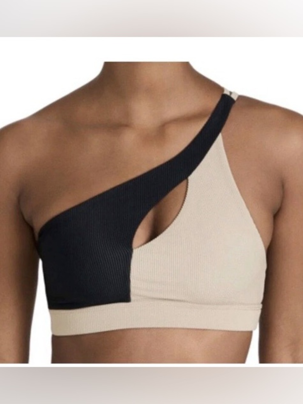 Onzie Black and Cream Ribbed One-Shoulder Bra